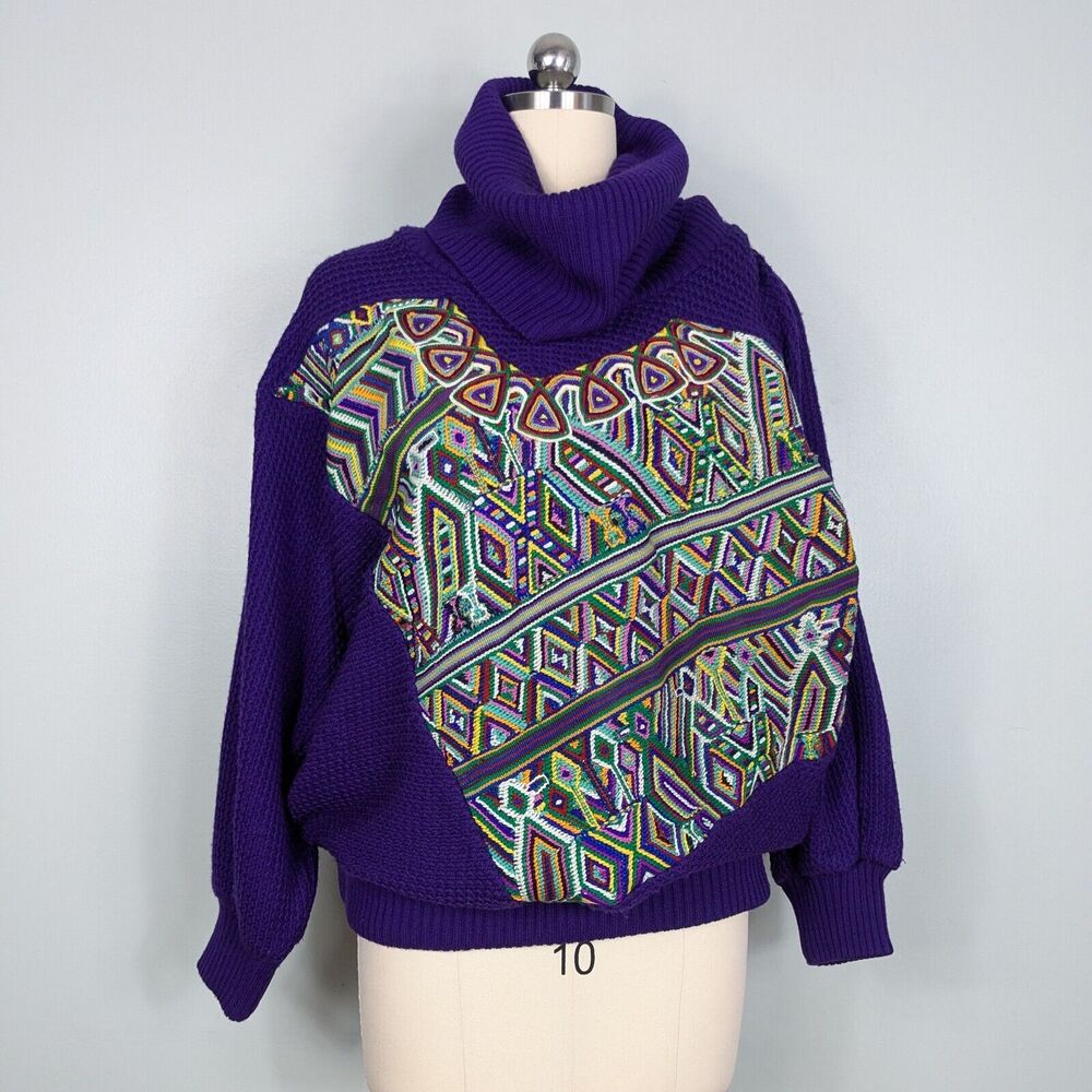 Vintage Turtleneck Sweater XL Purple Woven Colorful Funky Eclectic 80s Maximal